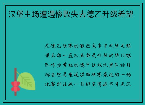 汉堡主场遭遇惨败失去德乙升级希望