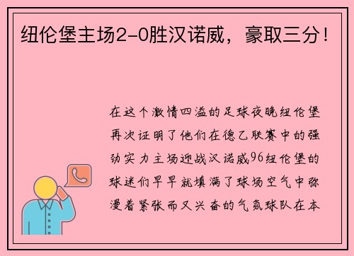 纽伦堡主场2-0胜汉诺威，豪取三分！