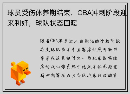 球员受伤休养期结束，CBA冲刺阶段迎来利好，球队状态回暖