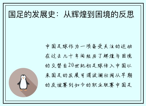 国足的发展史：从辉煌到困境的反思