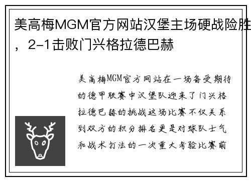 美高梅MGM官方网站汉堡主场硬战险胜，2-1击败门兴格拉德巴赫