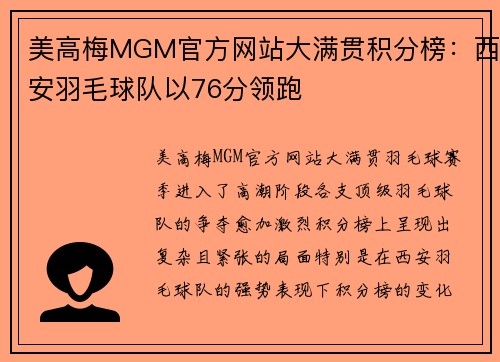 美高梅MGM官方网站大满贯积分榜：西安羽毛球队以76分领跑