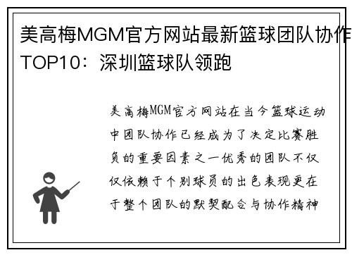 美高梅MGM官方网站最新篮球团队协作TOP10：深圳篮球队领跑