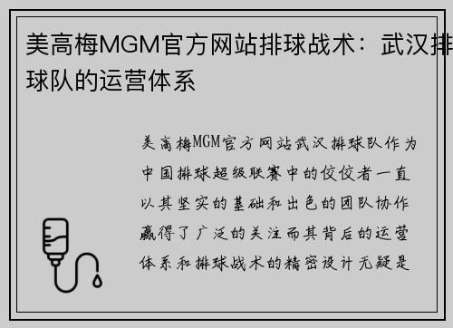 美高梅MGM官方网站排球战术：武汉排球队的运营体系