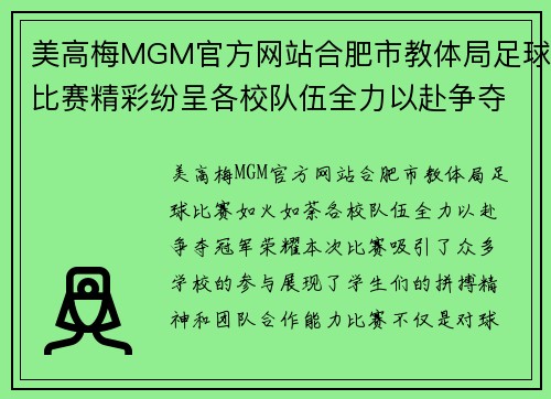 美高梅MGM官方网站合肥市教体局足球比赛精彩纷呈各校队伍全力以赴争夺冠军荣耀