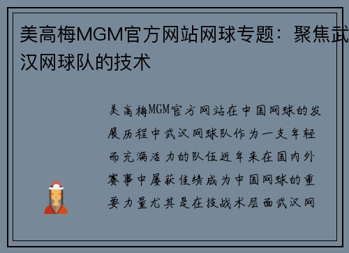 美高梅MGM官方网站网球专题：聚焦武汉网球队的技术